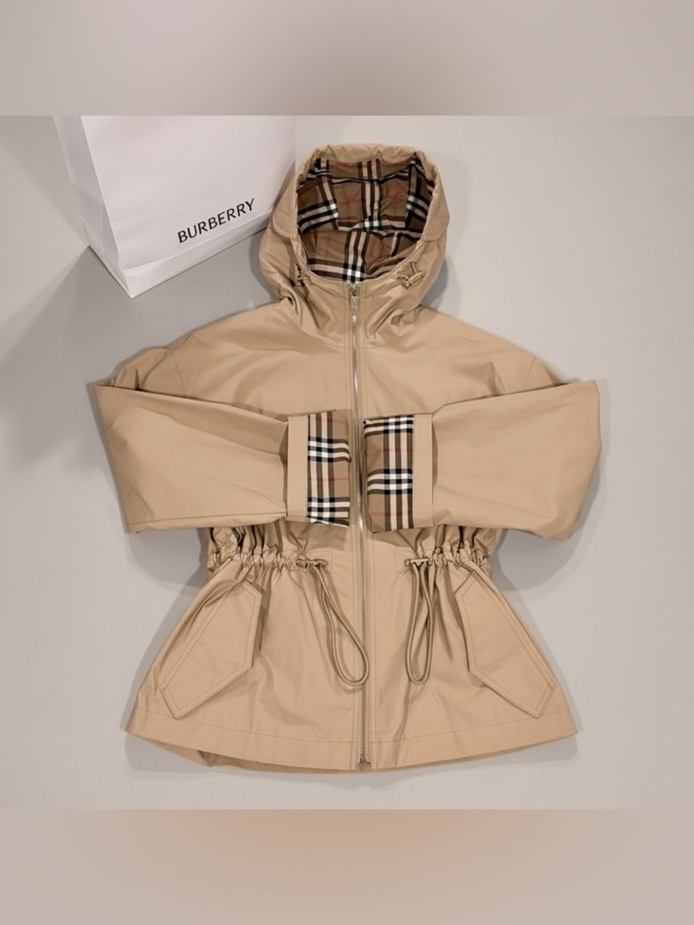 Burberry Medley Women’s Drawstring Jacket XS NWT Check Hood  A7026